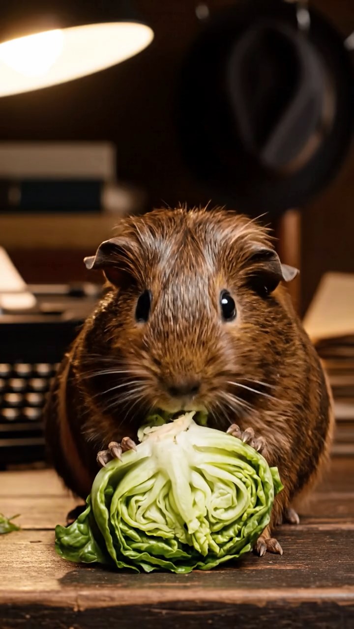 1246. Realistic depiction of 1 smooth-haired Texel guinea pig with chocolate fur, chewing on romaine hearts, inside a noir detective agency with fedoras and typewriters.
