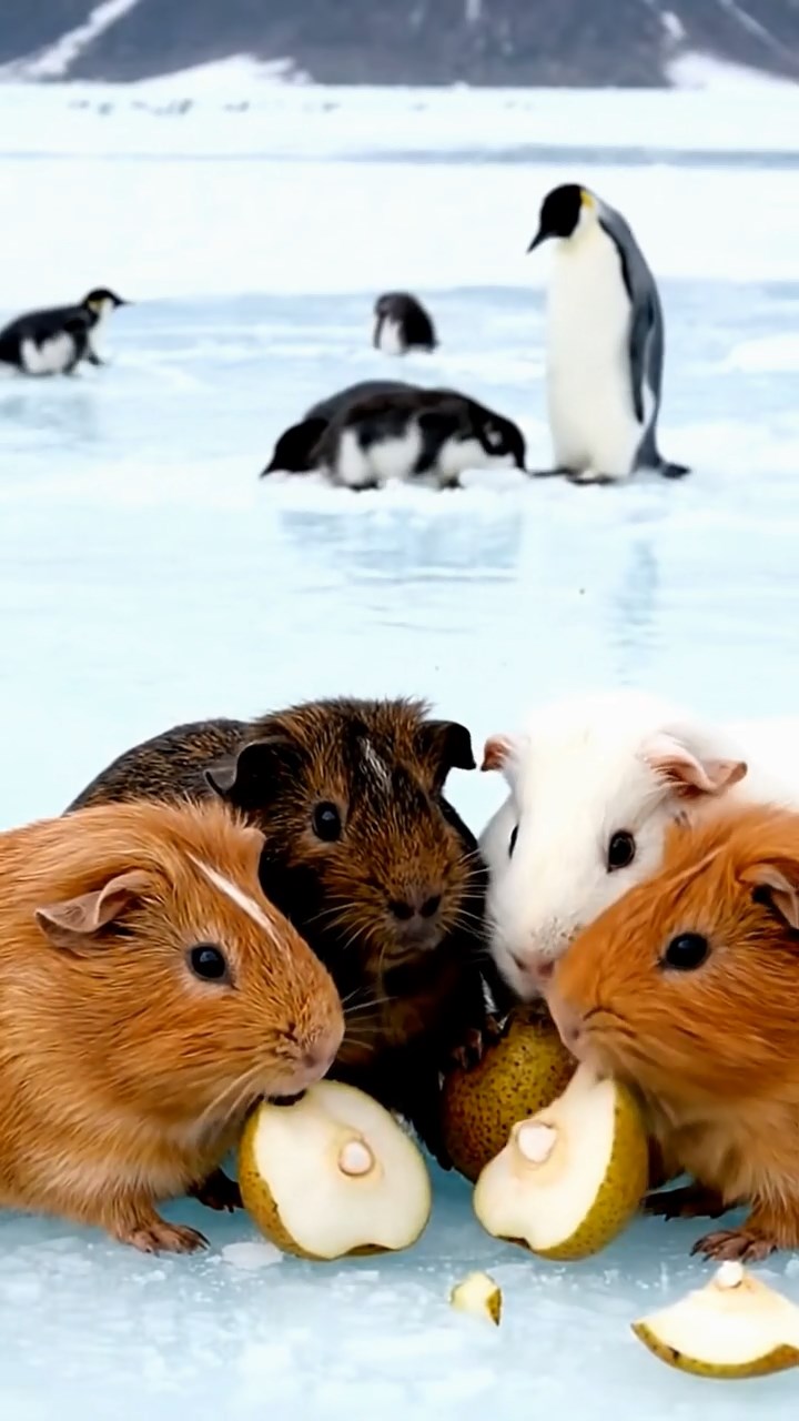 1247. Detailed image of 4 smooth-haired Rex guinea pigs in cinnamon, sable, and white colors, sharing pear cores, on a Emperor penguin colony ice shelf with sliding chicks.