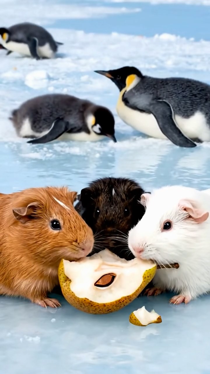 1247. Detailed image of 4 smooth-haired Rex guinea pigs in cinnamon, sable, and white colors, sharing pear cores, on a Emperor penguin colony ice shelf with sliding chicks.