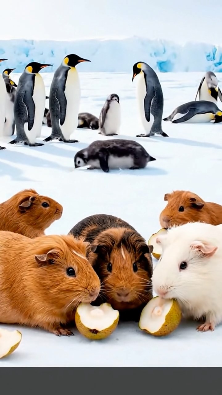 1247. Detailed image of 4 smooth-haired Rex guinea pigs in cinnamon, sable, and white colors, sharing pear cores, on a Emperor penguin colony ice shelf with sliding chicks.