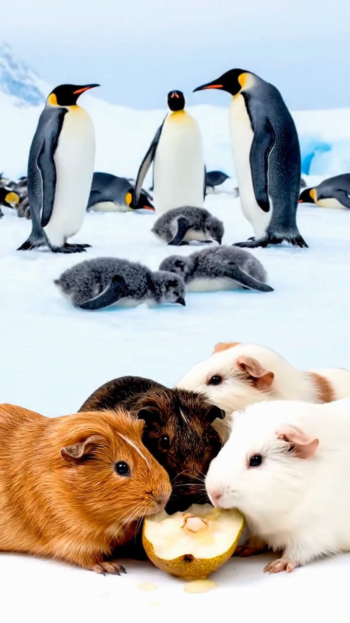 1247. Detailed image of 4 smooth-haired Rex guinea pigs in cinnamon, sable, and white colors, sharing pear cores, on a Emperor penguin colony ice shelf with sliding chicks.
