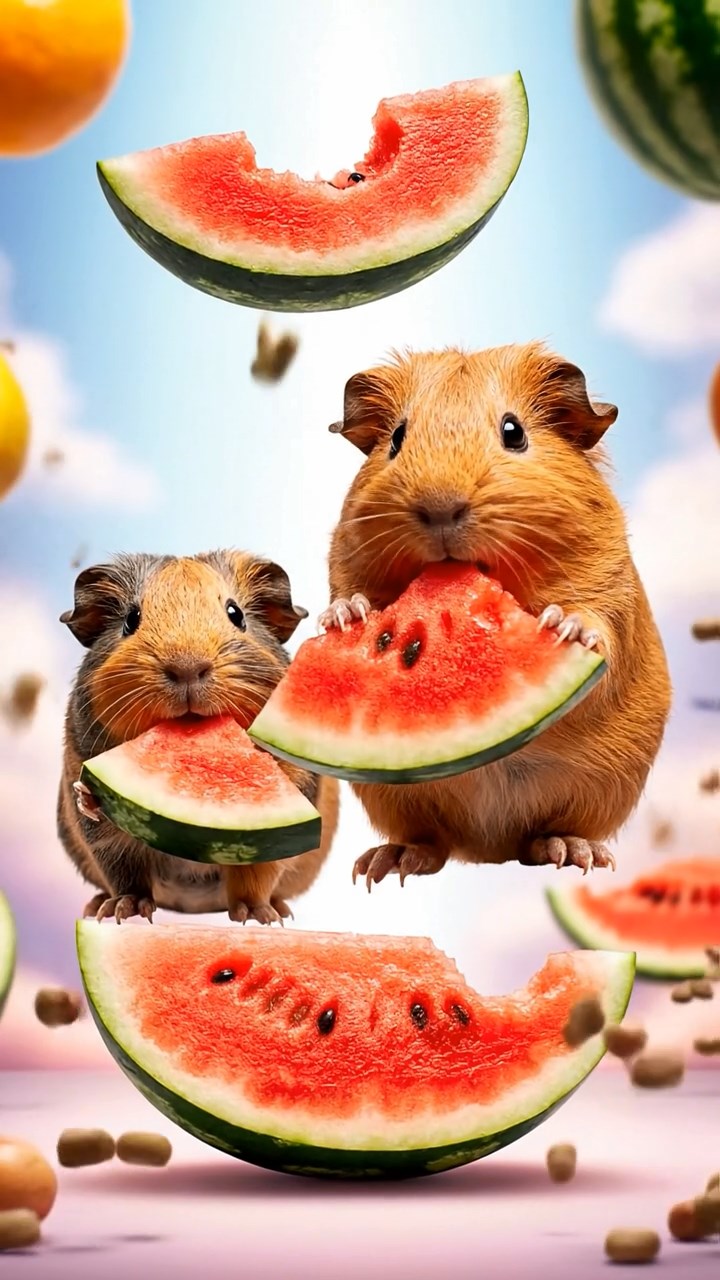 1248. Photorealistic scene of 2 smooth-haired Coronet guinea pigs with orange and gray fur, munching on watermelon slices, in a floating dream realm with inverted gravity.