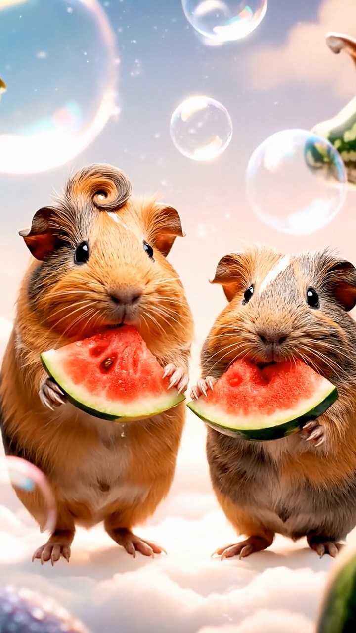 1248. Photorealistic scene of 2 smooth-haired Coronet guinea pigs with orange and gray fur, munching on watermelon slices, in a floating dream realm with inverted gravity.