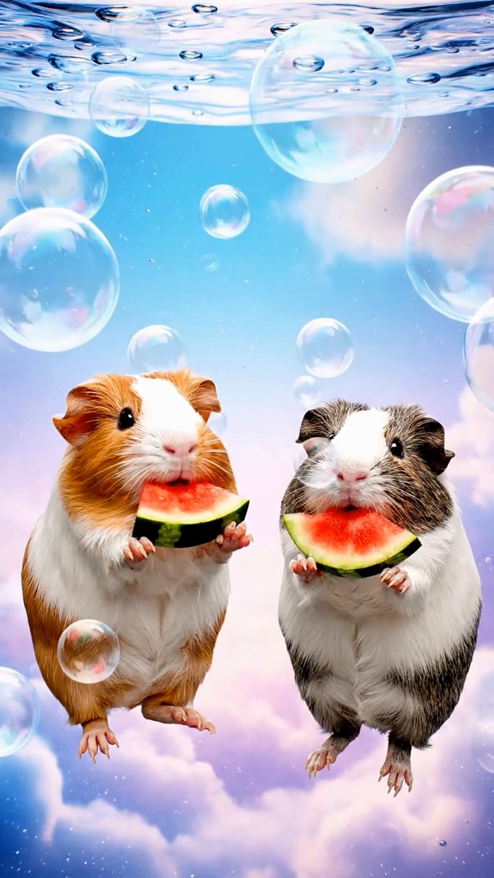 1248. Photorealistic scene of 2 smooth-haired Coronet guinea pigs with orange and gray fur, munching on watermelon slices, in a floating dream realm with inverted gravity.