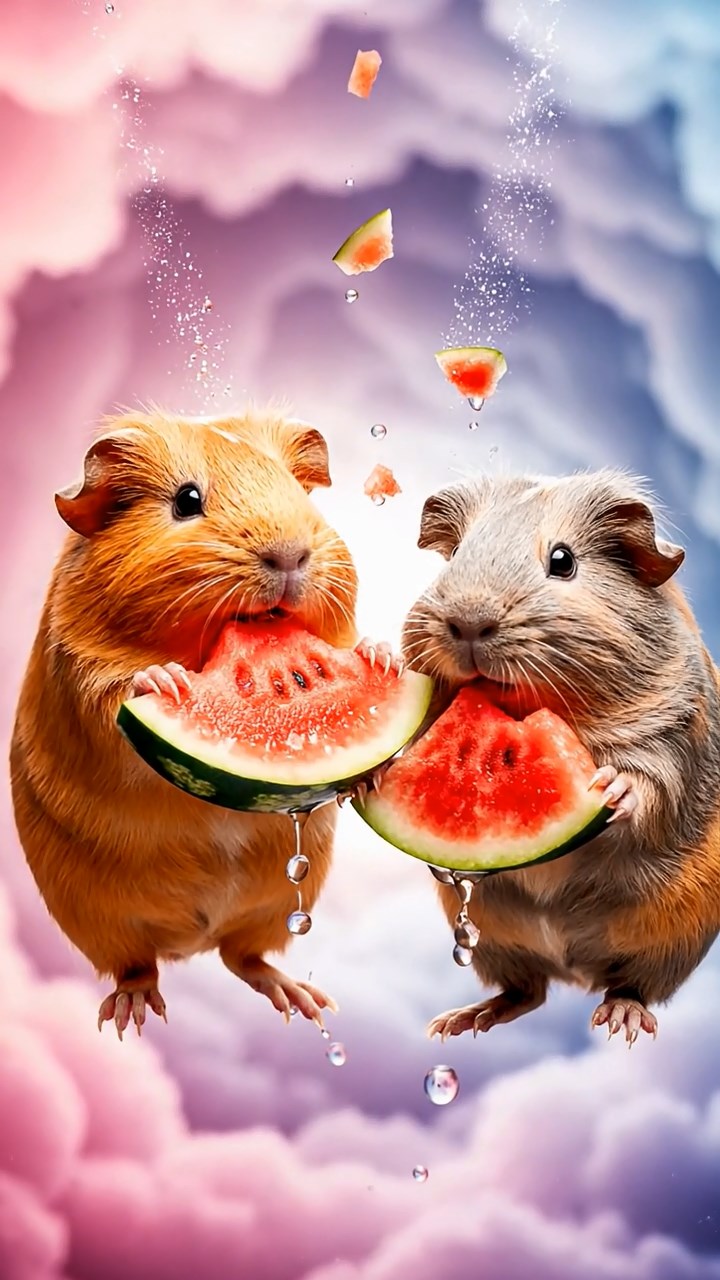 1248. Photorealistic scene of 2 smooth-haired Coronet guinea pigs with orange and gray fur, munching on watermelon slices, in a floating dream realm with inverted gravity.