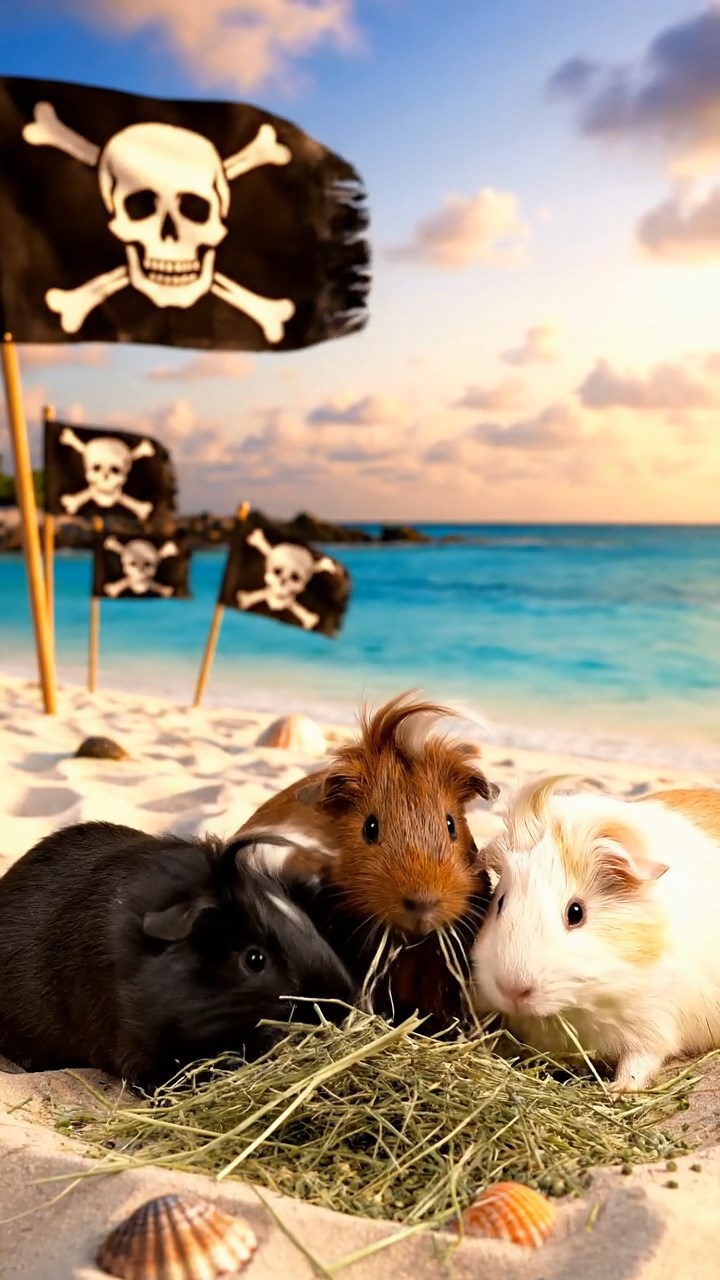 1249. Realistic photo of 3 smooth-haired White Crested guinea pigs featuring black, brown, and cream coats, eating timothy hay, on a Caribbean pirate cove with skull flags.