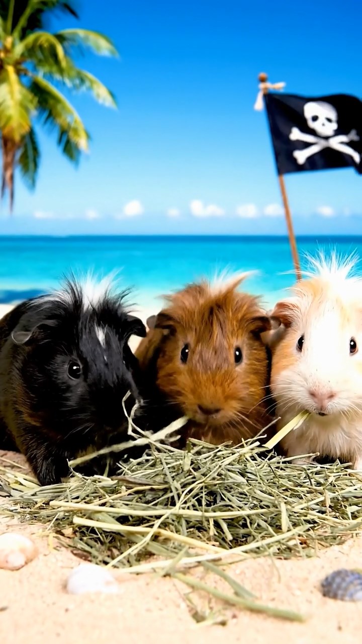 1249. Realistic photo of 3 smooth-haired White Crested guinea pigs featuring black, brown, and cream coats, eating timothy hay, on a Caribbean pirate cove with skull flags.