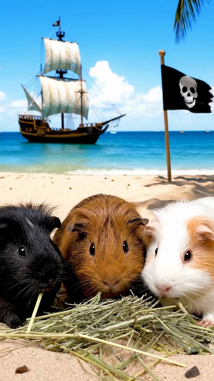 1249. Realistic photo of 3 smooth-haired White Crested guinea pigs featuring black, brown, and cream coats, eating timothy hay, on a Caribbean pirate cove with skull flags.