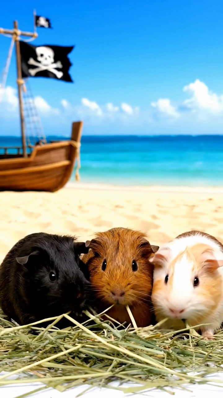 1249. Realistic photo of 3 smooth-haired White Crested guinea pigs featuring black, brown, and cream coats, eating timothy hay, on a Caribbean pirate cove with skull flags.