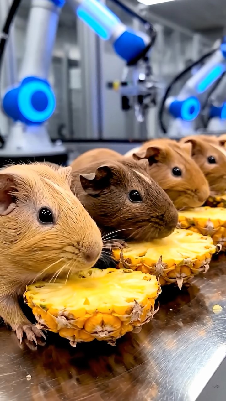 1250. Highly detailed view of 5 smooth-haired Skinny guinea pigs with fawn, chocolate, and cinnamon fur, nibbling on pineapple cores, inside a automated android assembly plant.