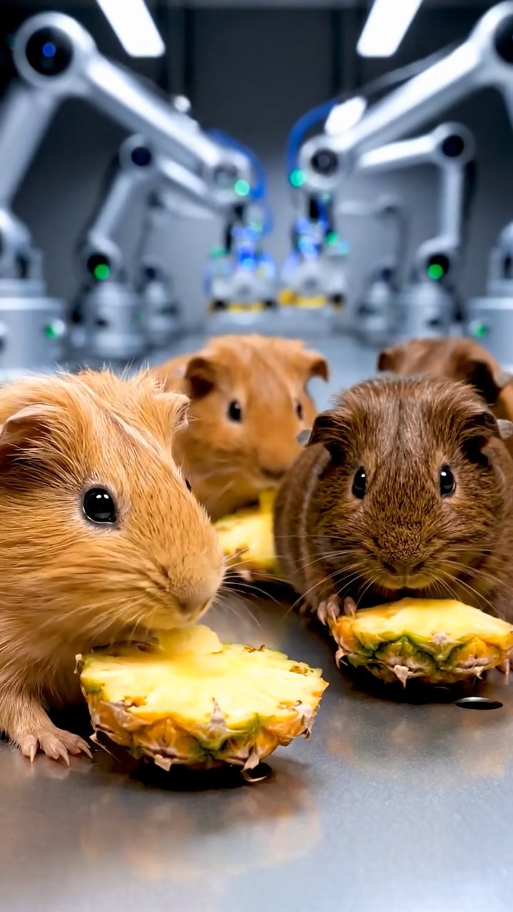 1250. Highly detailed view of 5 smooth-haired Skinny guinea pigs with fawn, chocolate, and cinnamon fur, nibbling on pineapple cores, inside a automated android assembly plant.