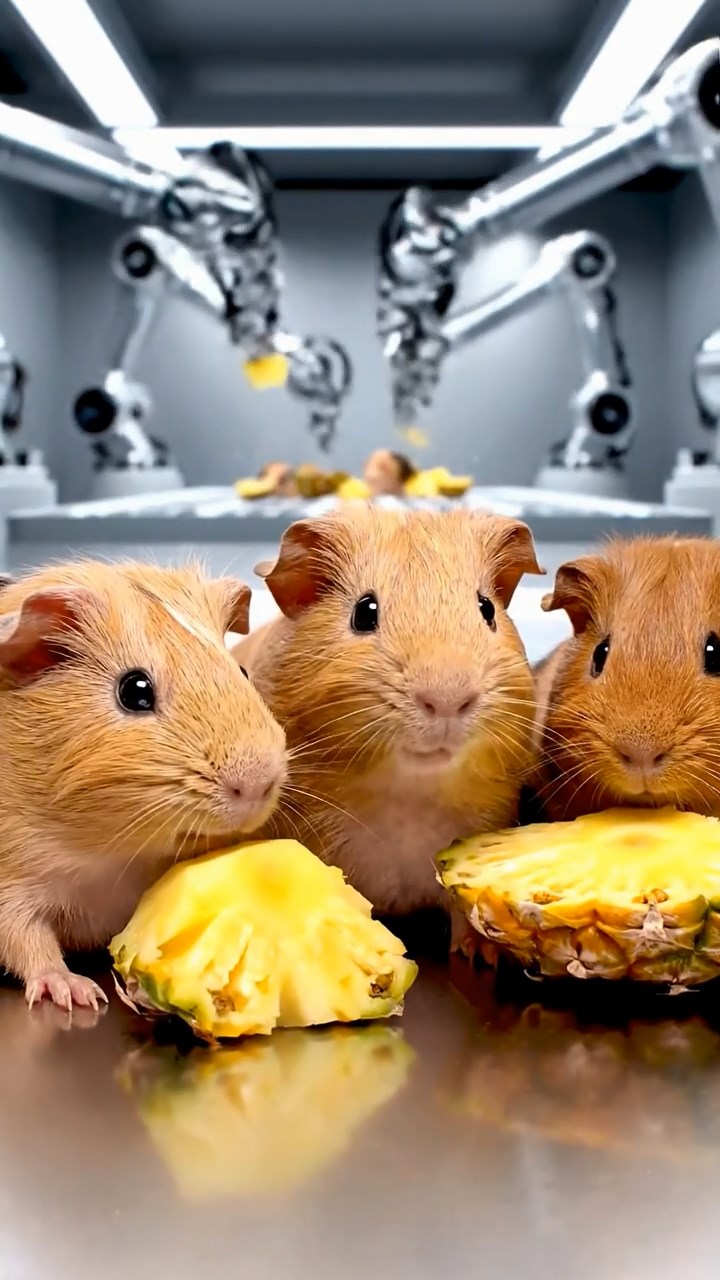 1250. Highly detailed view of 5 smooth-haired Skinny guinea pigs with fawn, chocolate, and cinnamon fur, nibbling on pineapple cores, inside a automated android assembly plant.