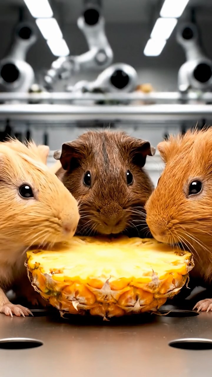 1250. Highly detailed view of 5 smooth-haired Skinny guinea pigs with fawn, chocolate, and cinnamon fur, nibbling on pineapple cores, inside a automated android assembly plant.