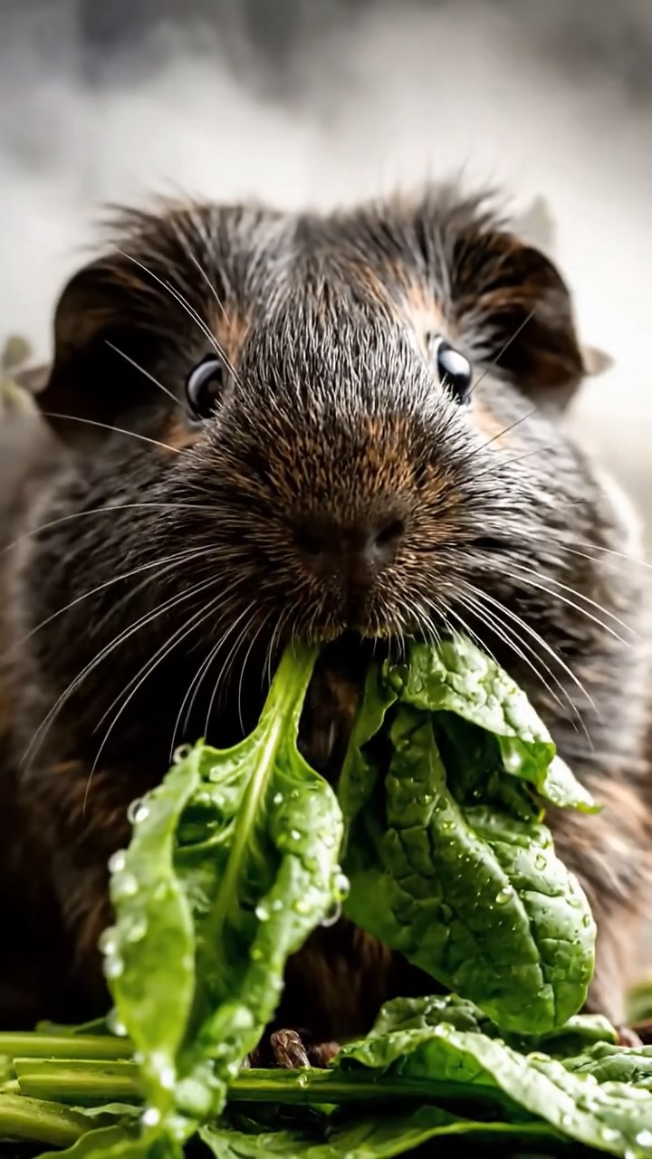 1251. Photorealistic image of 1 smooth-haired American guinea pig with sable fur, chewing on spinach bunches, on a misty Scottish loch shore with castle ruins.