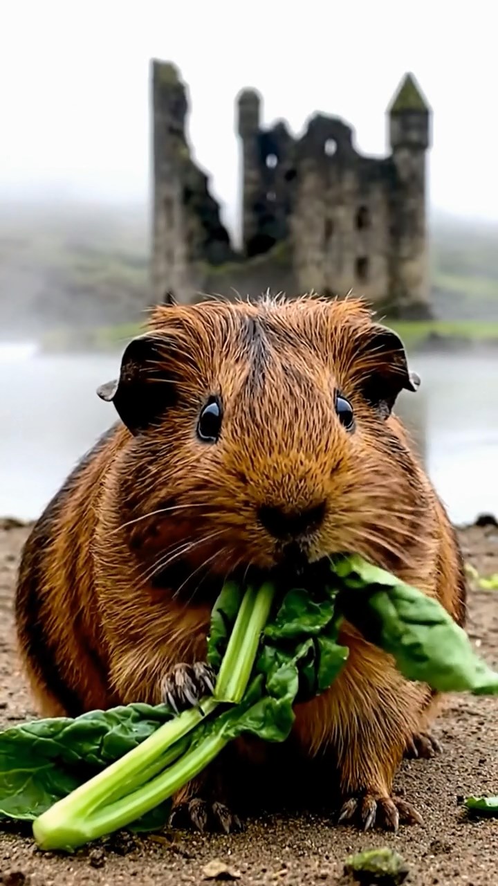 1251. Photorealistic image of 1 smooth-haired American guinea pig with sable fur, chewing on spinach bunches, on a misty Scottish loch shore with castle ruins.