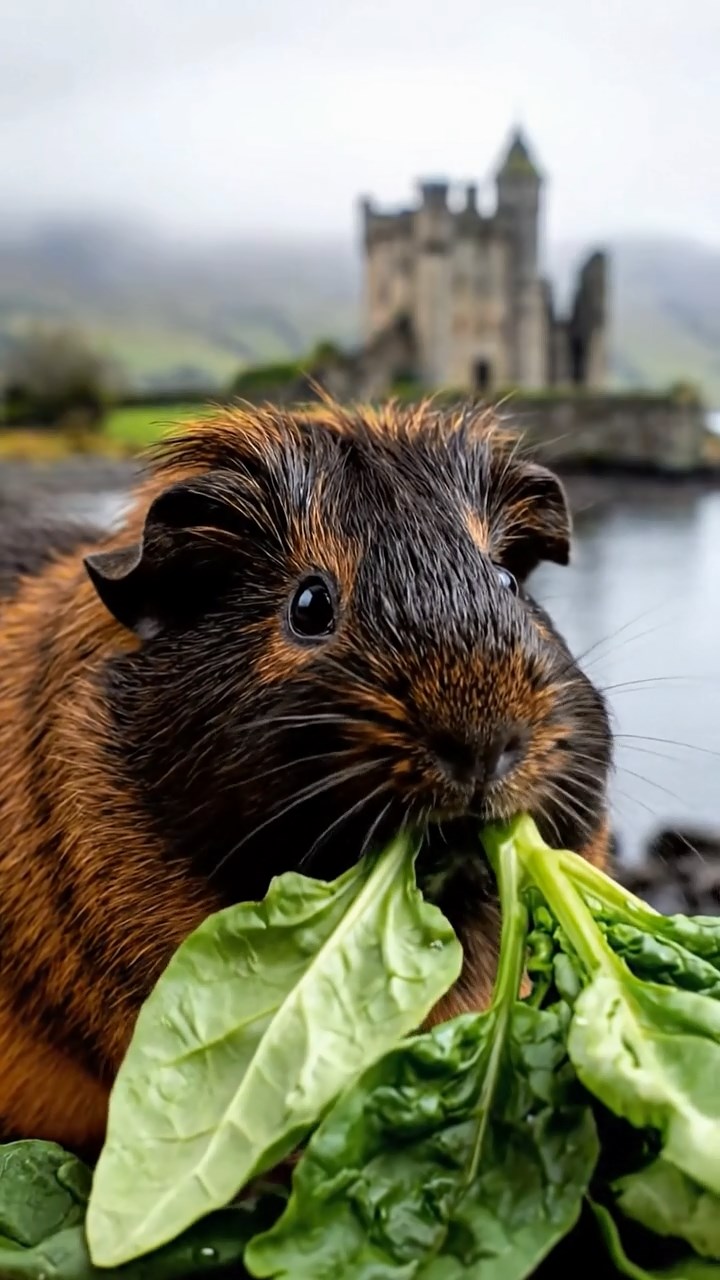 1251. Photorealistic image of 1 smooth-haired American guinea pig with sable fur, chewing on spinach bunches, on a misty Scottish loch shore with castle ruins.