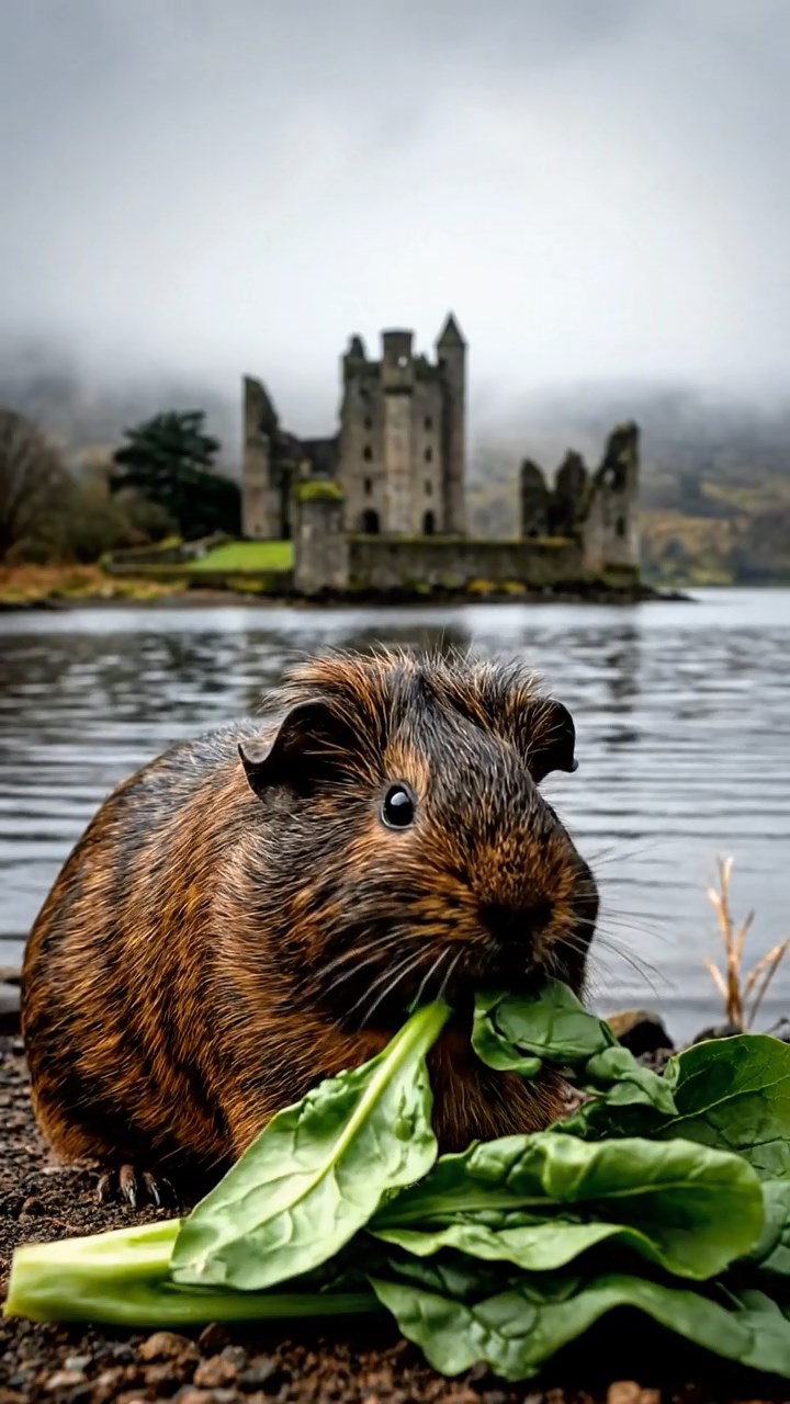 1251. Photorealistic image of 1 smooth-haired American guinea pig with sable fur, chewing on spinach bunches, on a misty Scottish loch shore with castle ruins.