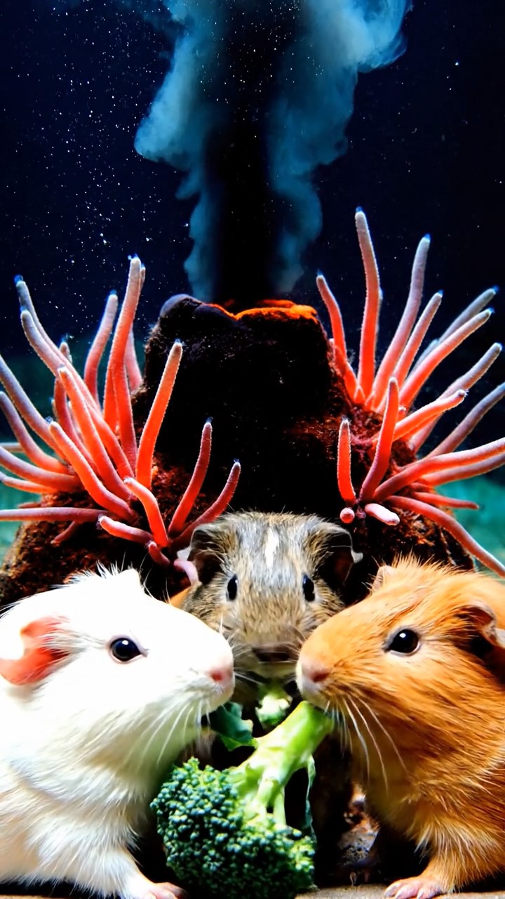 1252. Realistic depiction of 4 smooth-haired Abyssinian guinea pigs in white, orange, and gray colors, sharing broccoli stems, near a deep-sea black smoker vent with tube worms.