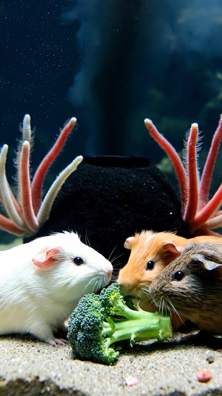 1252. Realistic depiction of 4 smooth-haired Abyssinian guinea pigs in white, orange, and gray colors, sharing broccoli stems, near a deep-sea black smoker vent with tube worms.