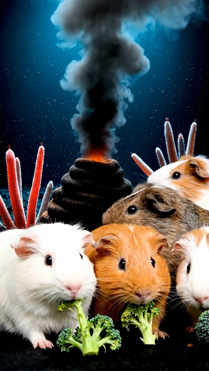 1252. Realistic depiction of 4 smooth-haired Abyssinian guinea pigs in white, orange, and gray colors, sharing broccoli stems, near a deep-sea black smoker vent with tube worms.