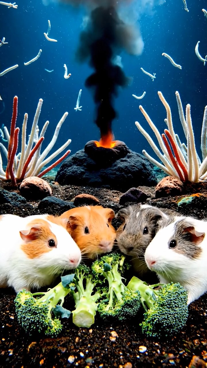 1252. Realistic depiction of 4 smooth-haired Abyssinian guinea pigs in white, orange, and gray colors, sharing broccoli stems, near a deep-sea black smoker vent with tube worms.