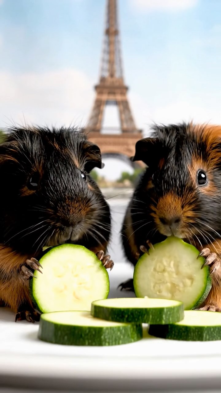 1253. Detailed scene of 2 smooth-haired Peruvian guinea pigs with black and brown fur, munching on zucchini rounds, atop a Paris Eiffel Tower restaurant table.