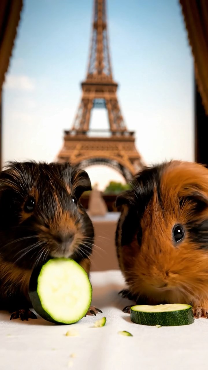 1253. Detailed scene of 2 smooth-haired Peruvian guinea pigs with black and brown fur, munching on zucchini rounds, atop a Paris Eiffel Tower restaurant table.
