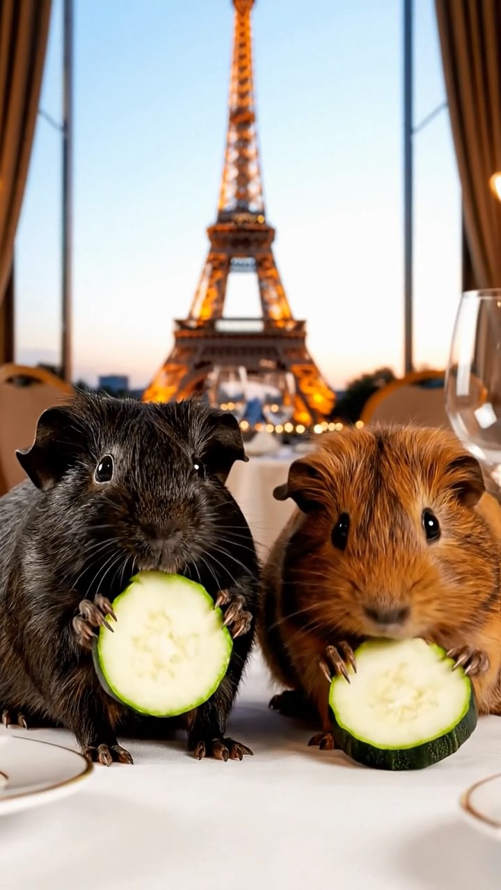 1253. Detailed scene of 2 smooth-haired Peruvian guinea pigs with black and brown fur, munching on zucchini rounds, atop a Paris Eiffel Tower restaurant table.