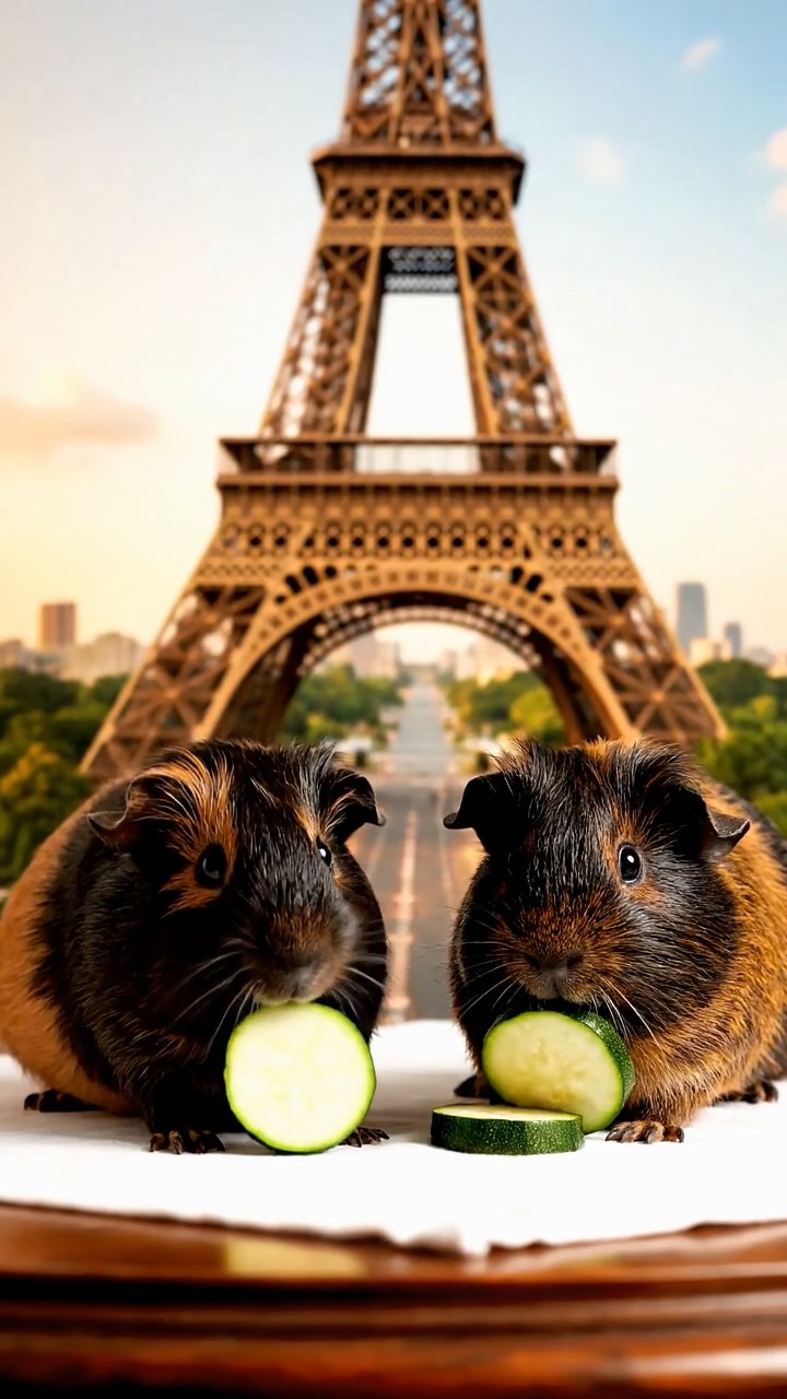 1253. Detailed scene of 2 smooth-haired Peruvian guinea pigs with black and brown fur, munching on zucchini rounds, atop a Paris Eiffel Tower restaurant table.