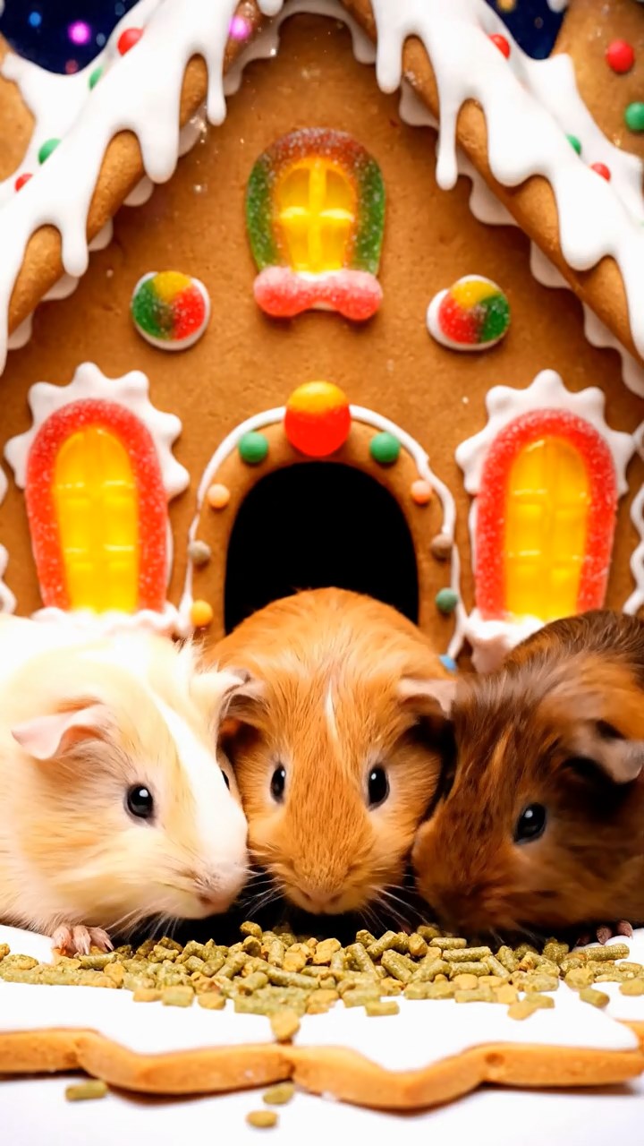 1254. Photorealistic photo of 3 smooth-haired Silkie guinea pigs featuring cream, fawn, and chocolate coats, eating alfalfa pellets, in a Hansel and Gretel witch's candy cottage.