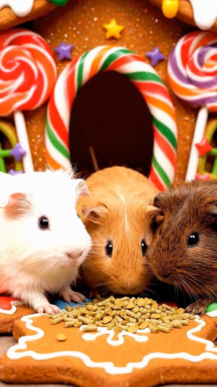 1254. Photorealistic photo of 3 smooth-haired Silkie guinea pigs featuring cream, fawn, and chocolate coats, eating alfalfa pellets, in a Hansel and Gretel witch's candy cottage.