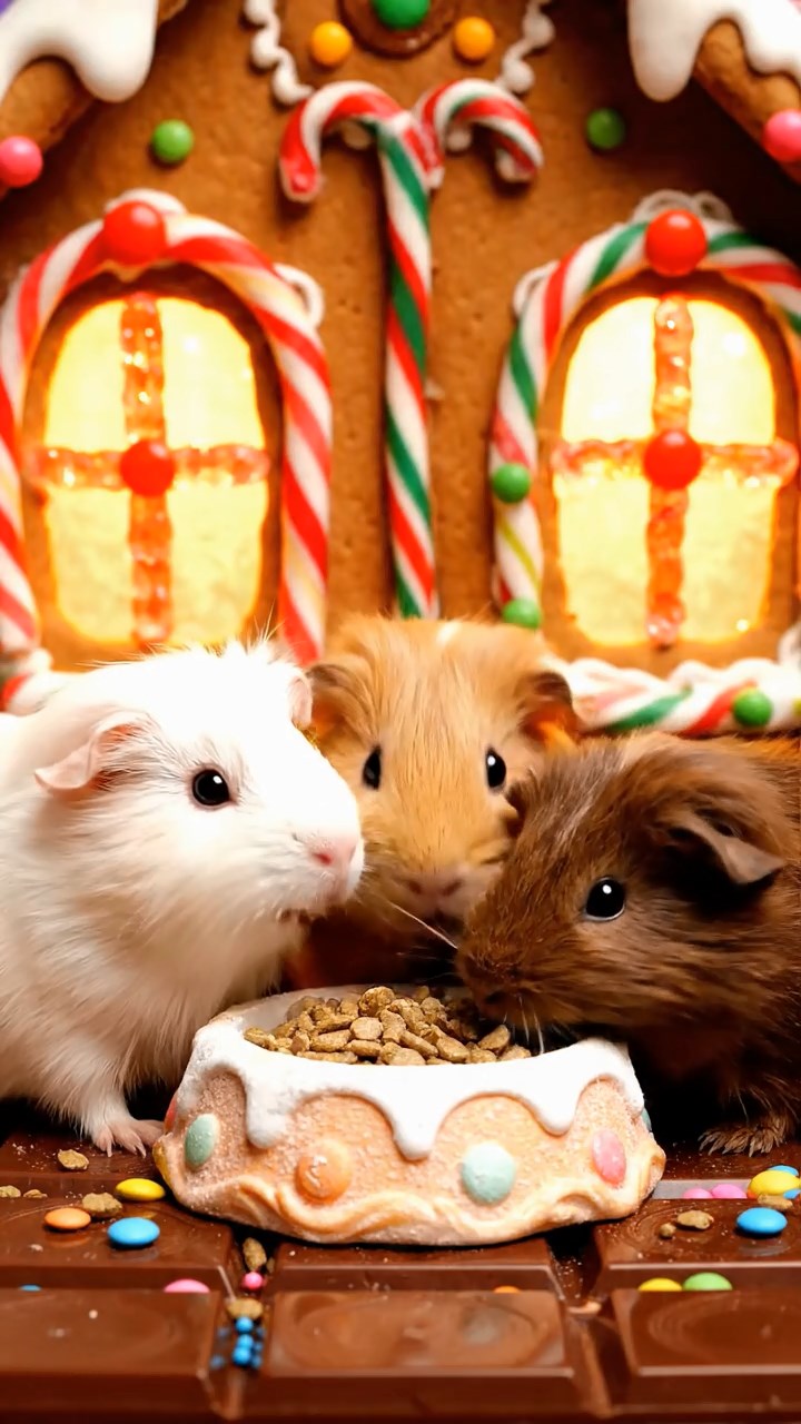 1254. Photorealistic photo of 3 smooth-haired Silkie guinea pigs featuring cream, fawn, and chocolate coats, eating alfalfa pellets, in a Hansel and Gretel witch's candy cottage.