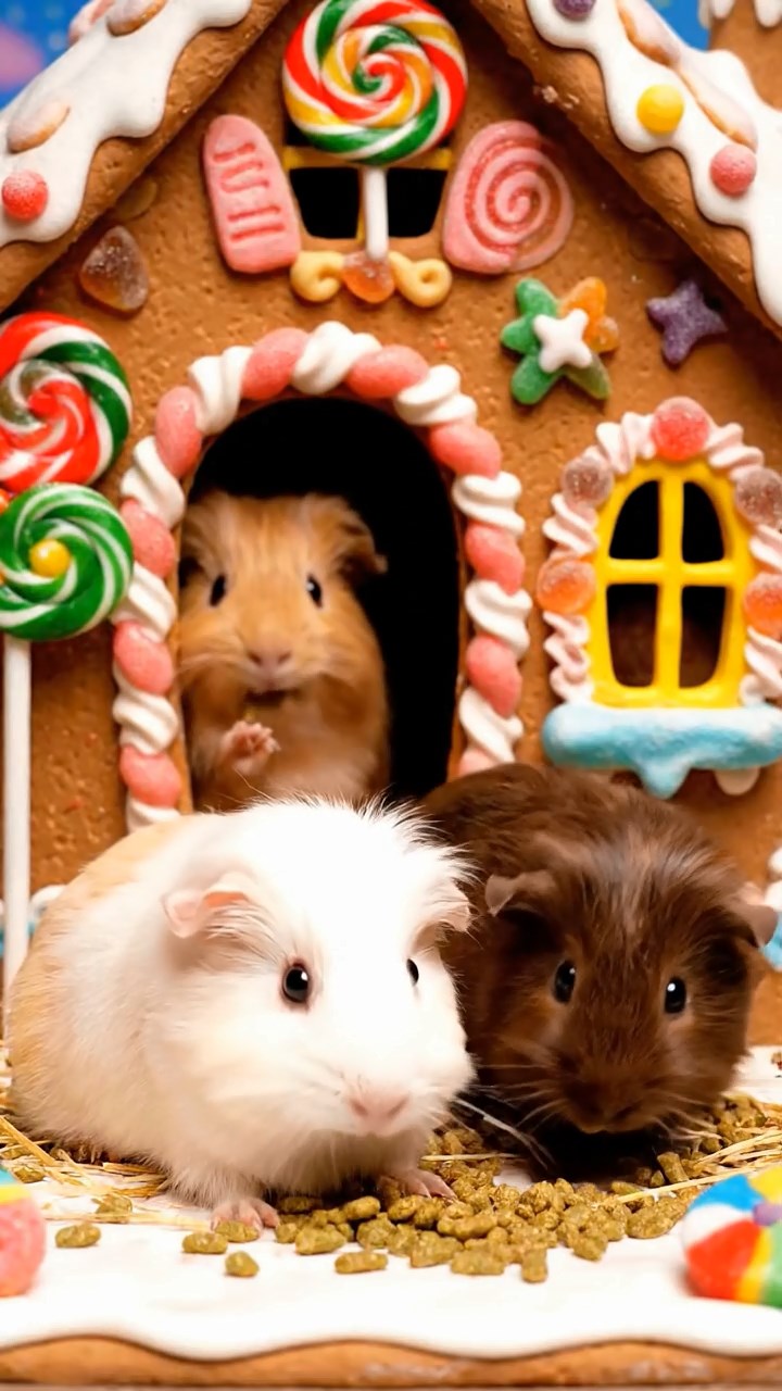 1254. Photorealistic photo of 3 smooth-haired Silkie guinea pigs featuring cream, fawn, and chocolate coats, eating alfalfa pellets, in a Hansel and Gretel witch's candy cottage.