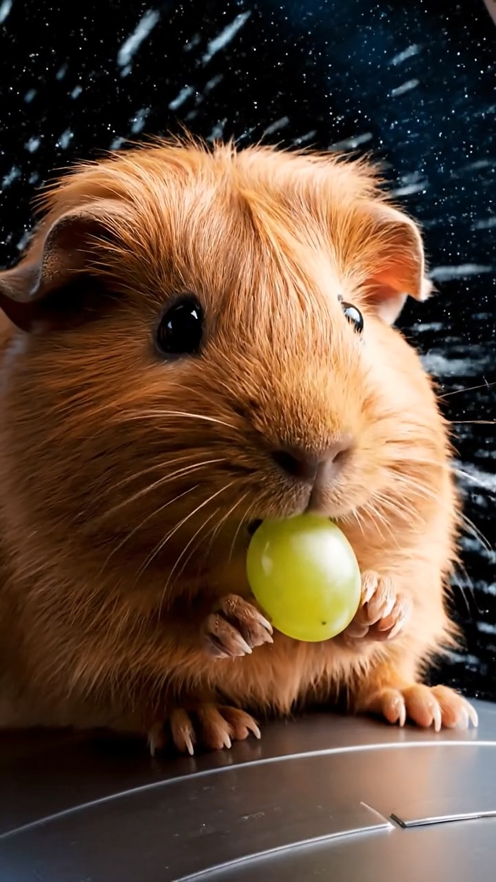 1255. Realistic image of 1 smooth-haired Teddy guinea pig with cinnamon fur, nibbling on grape clusters, on a orbital space lift capsule with stars streaking.