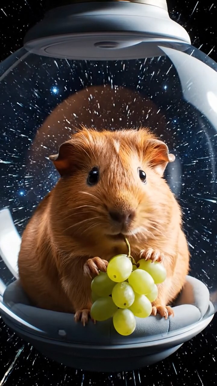 1255. Realistic image of 1 smooth-haired Teddy guinea pig with cinnamon fur, nibbling on grape clusters, on a orbital space lift capsule with stars streaking.