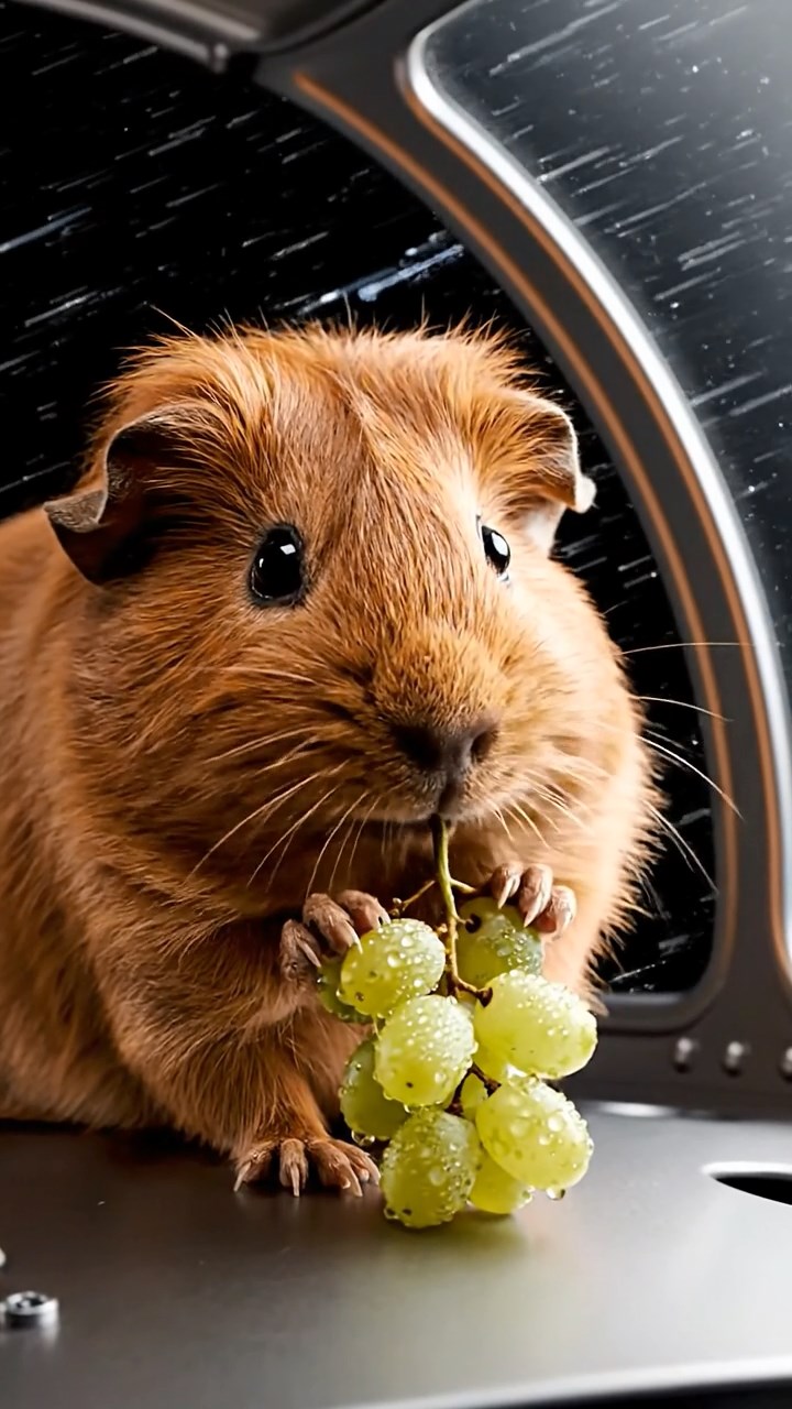 1255. Realistic image of 1 smooth-haired Teddy guinea pig with cinnamon fur, nibbling on grape clusters, on a orbital space lift capsule with stars streaking.