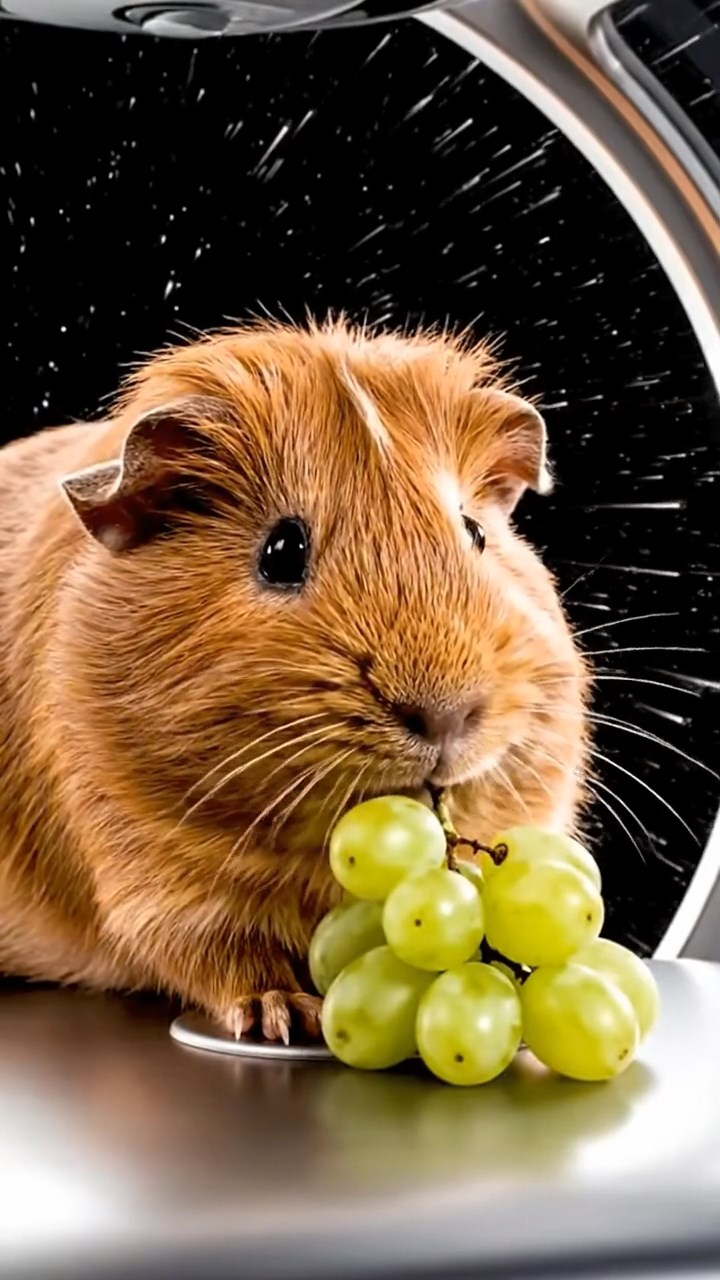 1255. Realistic image of 1 smooth-haired Teddy guinea pig with cinnamon fur, nibbling on grape clusters, on a orbital space lift capsule with stars streaking.