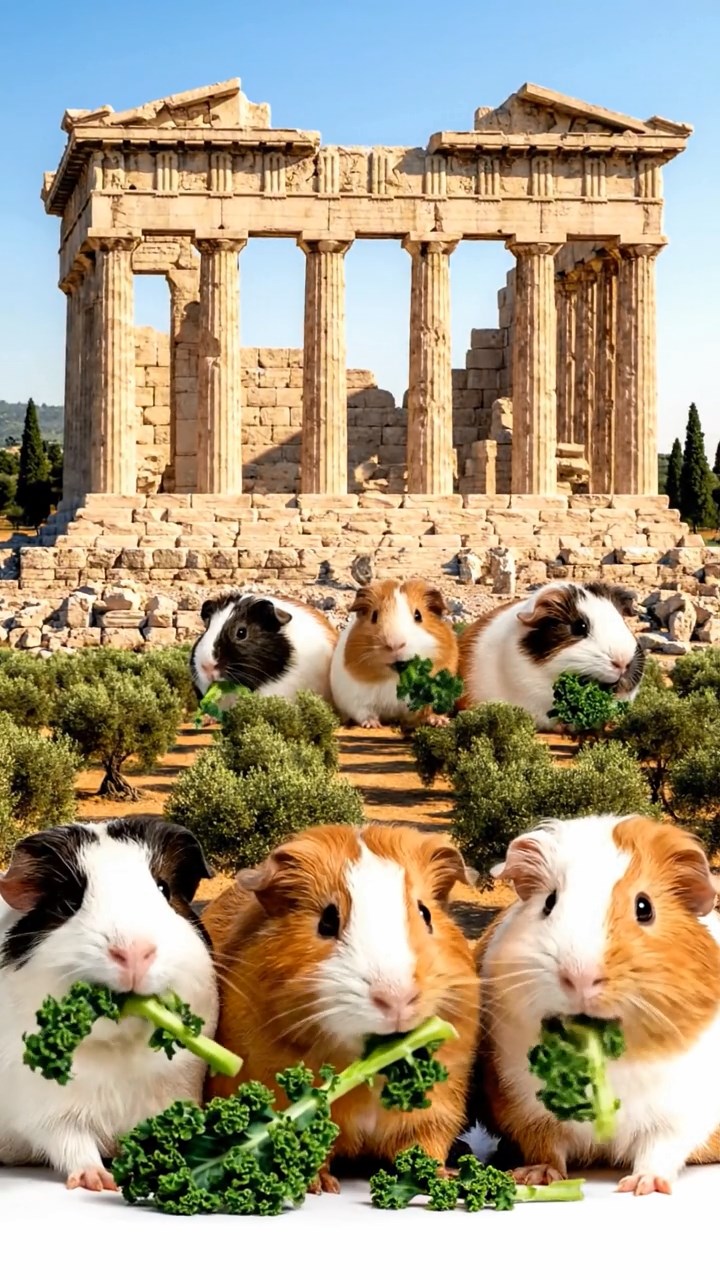 1256. Highly detailed view of 5 smooth-haired Texel guinea pigs with sable, white, and orange fur, chewing on kale stems, in a Parthenon acropolis ruin with olive groves.