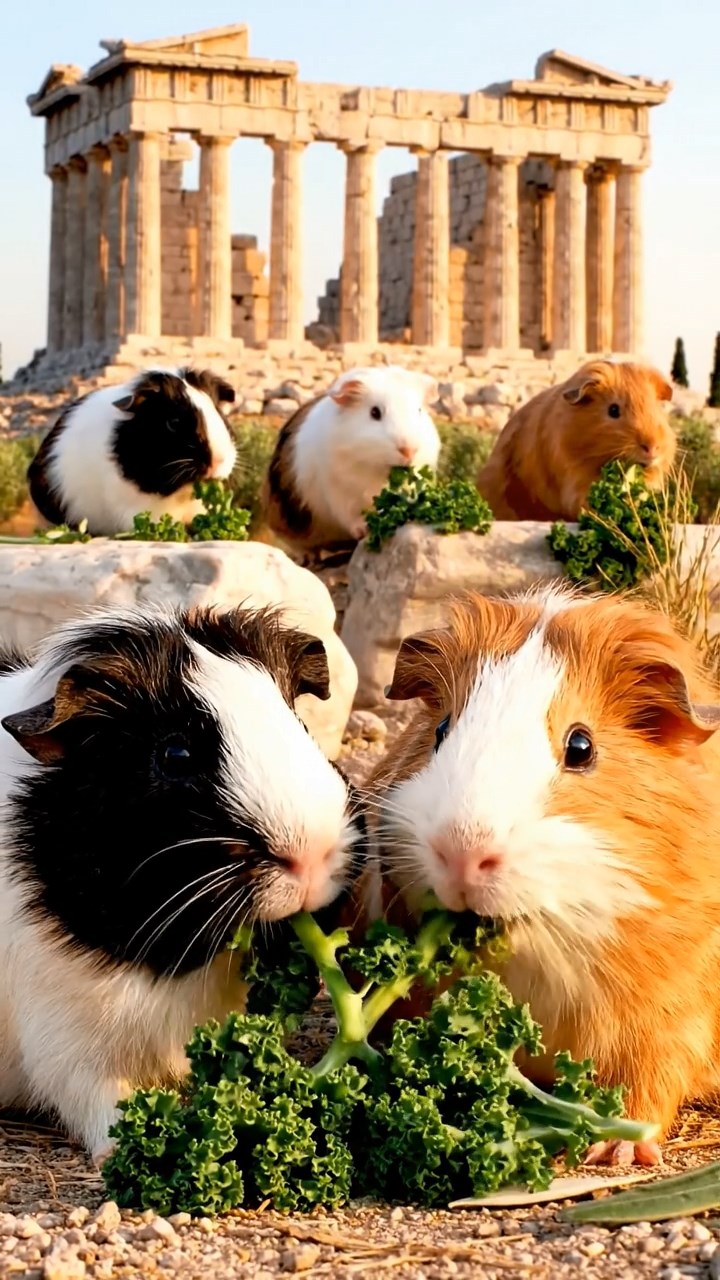 1256. Highly detailed view of 5 smooth-haired Texel guinea pigs with sable, white, and orange fur, chewing on kale stems, in a Parthenon acropolis ruin with olive groves.