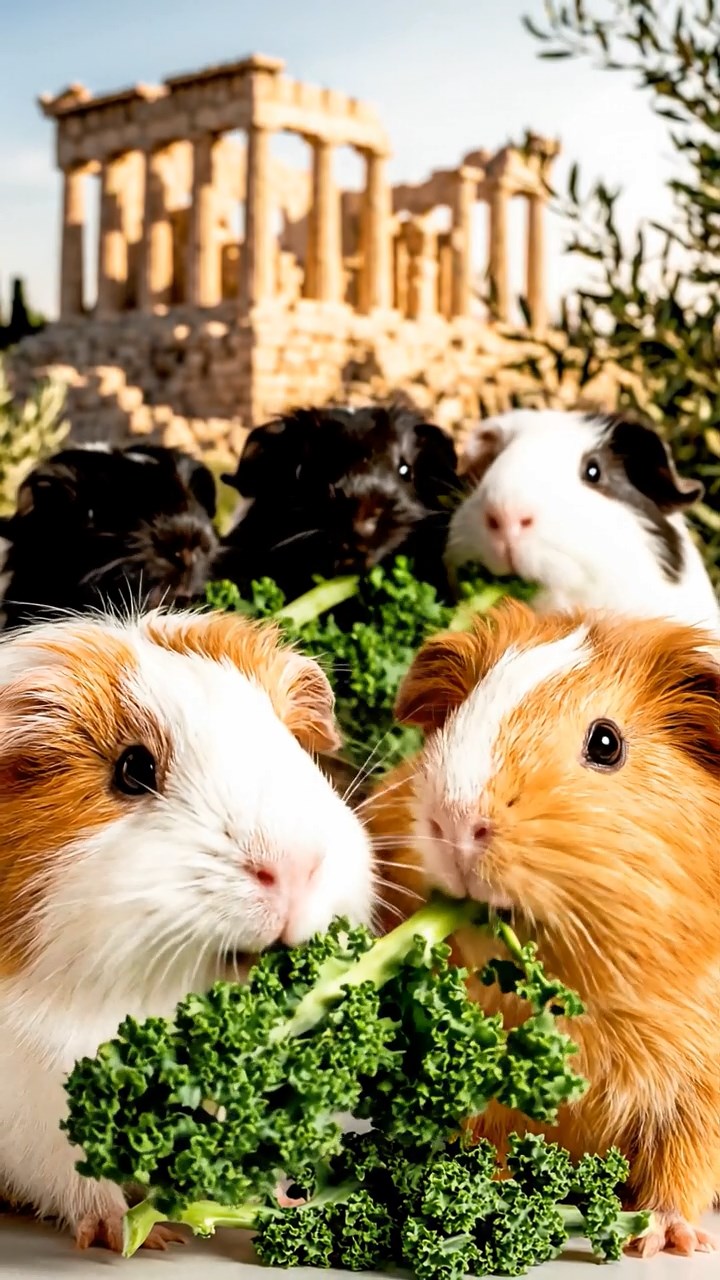 1256. Highly detailed view of 5 smooth-haired Texel guinea pigs with sable, white, and orange fur, chewing on kale stems, in a Parthenon acropolis ruin with olive groves.