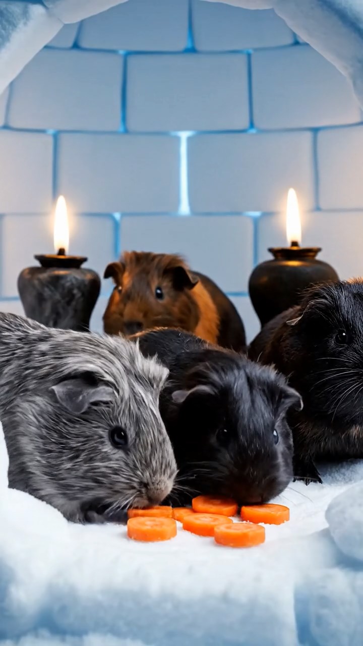 1257. Photorealistic scene of 4 smooth-haired Rex guinea pigs in gray, black, and brown colors, sharing carrot coins, inside an Inuit igloo with seal oil lamps.