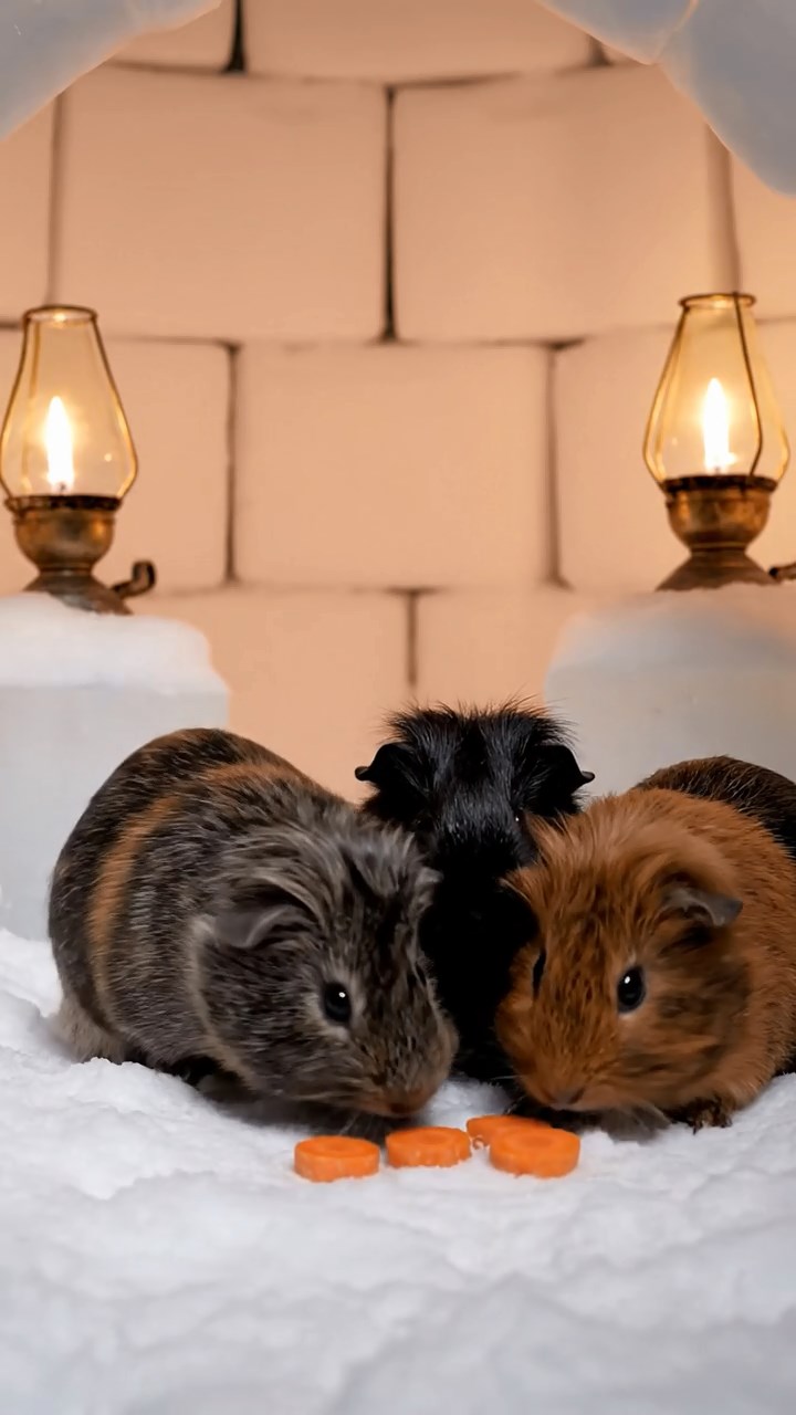 1257. Photorealistic scene of 4 smooth-haired Rex guinea pigs in gray, black, and brown colors, sharing carrot coins, inside an Inuit igloo with seal oil lamps.