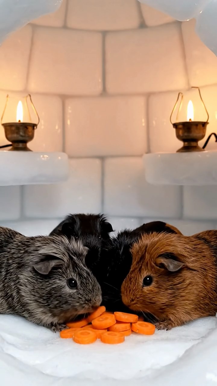1257. Photorealistic scene of 4 smooth-haired Rex guinea pigs in gray, black, and brown colors, sharing carrot coins, inside an Inuit igloo with seal oil lamps.
