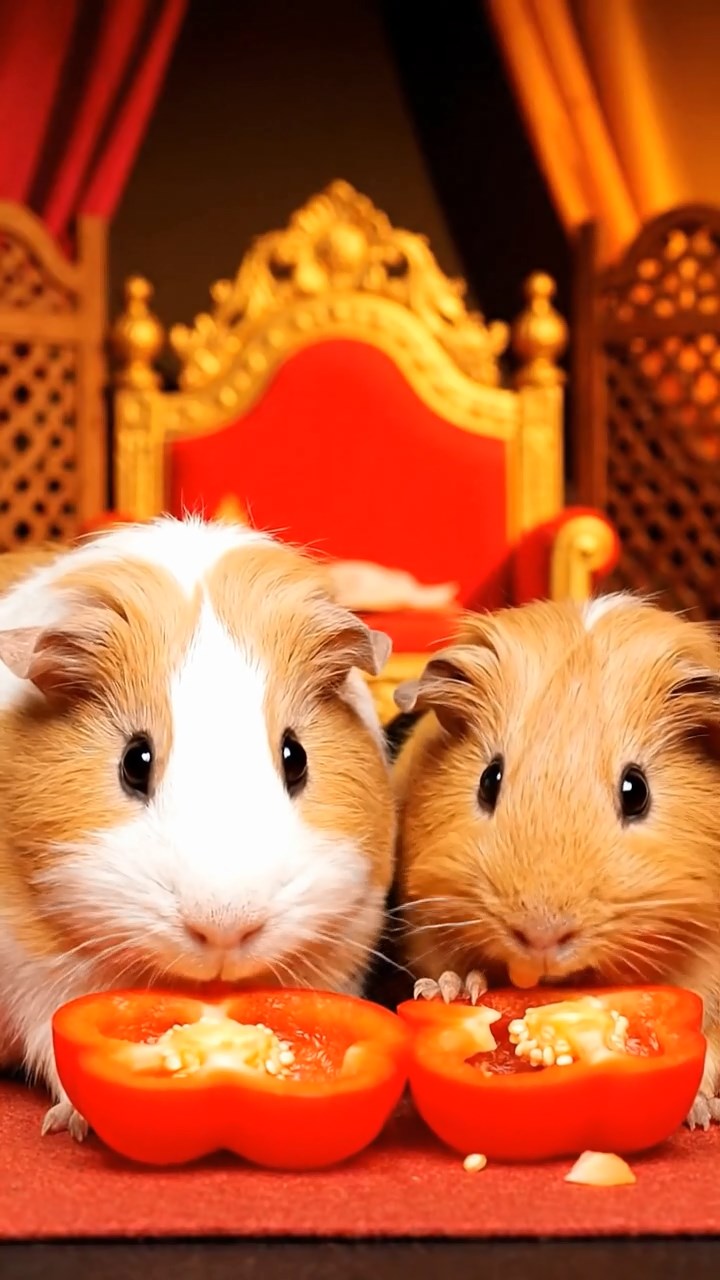 1258. Realistic depiction of 2 smooth-haired Coronet guinea pigs with cream and fawn fur, munching on bell pepper halves, on a Mumbai film studio set with Bollywood props.