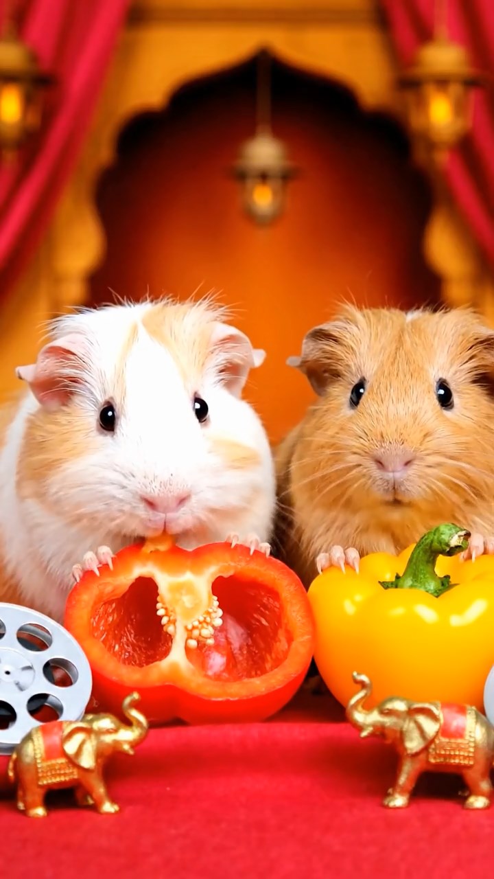 1258. Realistic depiction of 2 smooth-haired Coronet guinea pigs with cream and fawn fur, munching on bell pepper halves, on a Mumbai film studio set with Bollywood props.