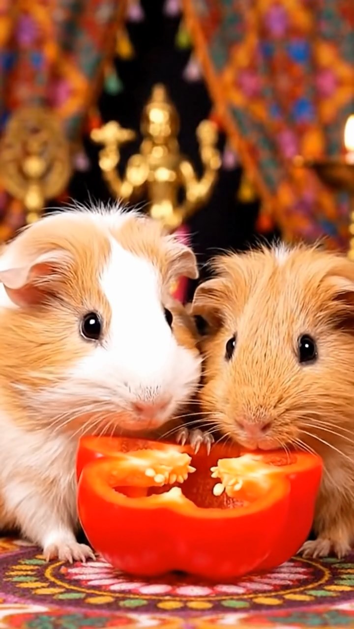 1258. Realistic depiction of 2 smooth-haired Coronet guinea pigs with cream and fawn fur, munching on bell pepper halves, on a Mumbai film studio set with Bollywood props.