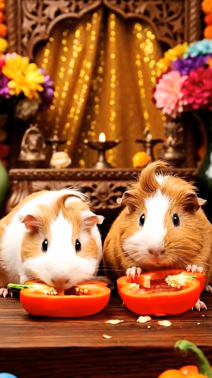 1258. Realistic depiction of 2 smooth-haired Coronet guinea pigs with cream and fawn fur, munching on bell pepper halves, on a Mumbai film studio set with Bollywood props.