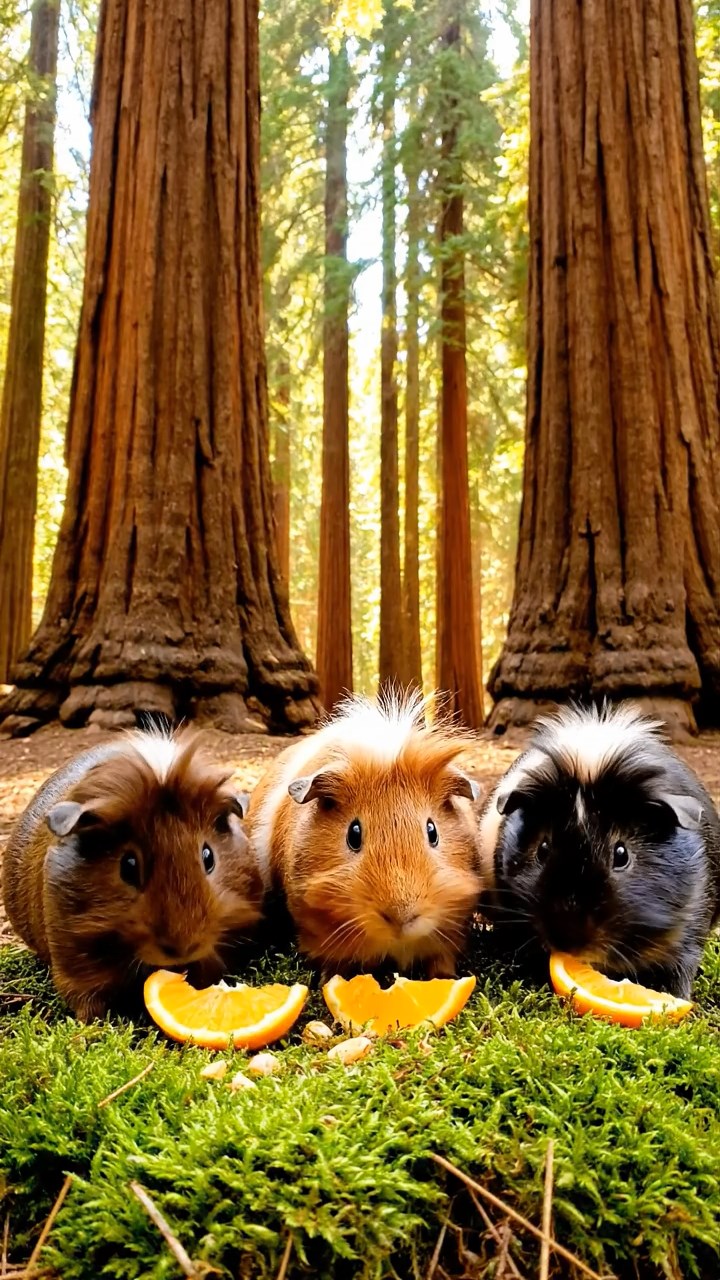 1259. Detailed photo of 3 smooth-haired White Crested guinea pigs featuring chocolate, cinnamon, and sable coats, eating orange wedges, in a ancient sequoia grove with massive trunks.