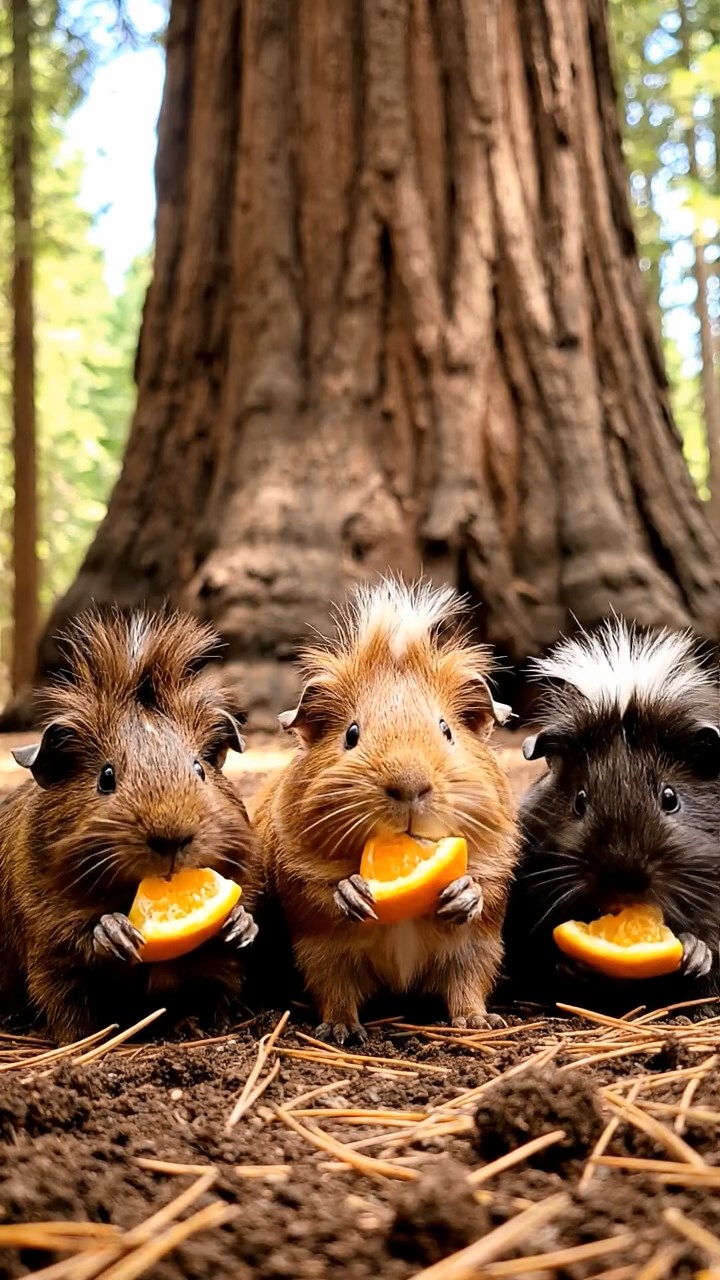 1259. Detailed photo of 3 smooth-haired White Crested guinea pigs featuring chocolate, cinnamon, and sable coats, eating orange wedges, in a ancient sequoia grove with massive trunks.