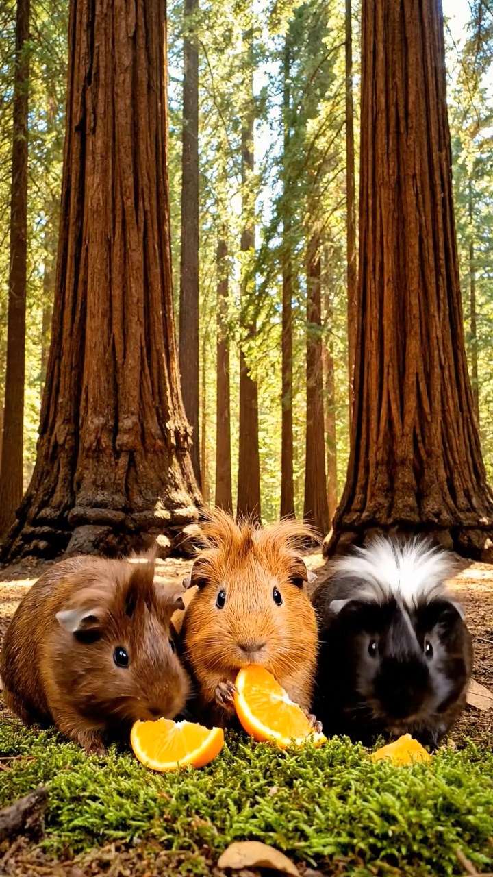 1259. Detailed photo of 3 smooth-haired White Crested guinea pigs featuring chocolate, cinnamon, and sable coats, eating orange wedges, in a ancient sequoia grove with massive trunks.